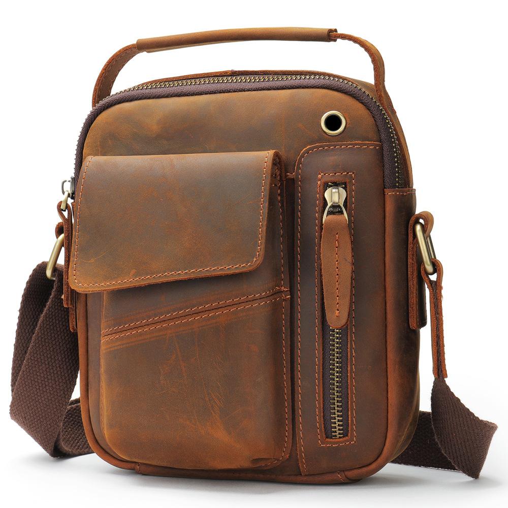 New Crazy Horse Leather Men's Bag Leather Vertical Men's Shoulder Bag Phone Small Bag Earphone Hole Small Men's Cross Shoulder Bag