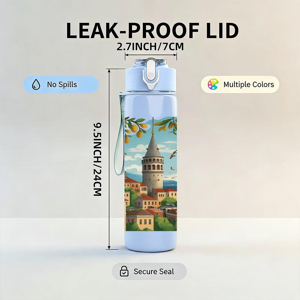 1PC Istanbul Mosque City Landscape Print 750ml Color Plastic Sports Water Bottle Leakproof Flip Straw Lid Suitable for Sports Office Home Use
