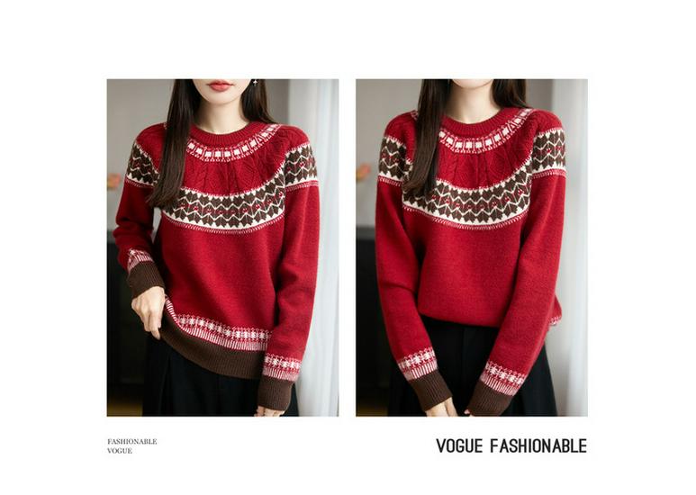 Women's Fair Isle Jacquard Knit Wool Sweater, Retro Round Neck, Long Sleeve, Thickened and Warm Base Layer.