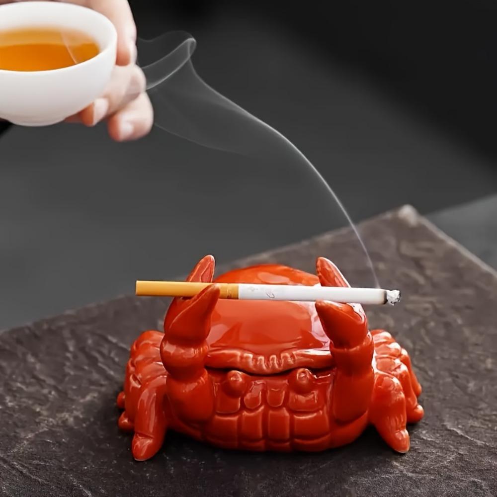 1 PC Cute Crab Ashtray Outdoor Ashtray with Lid Fly Proof Ashtray Ceramic Ashtray Home Office Patio Decoration