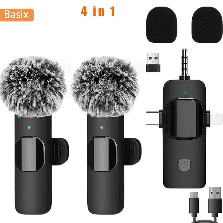 Professional 4in1 Wireless Lavalier Microphone for iPhone Android 3.5mm for Live Recording Noise Cancelling Mini Microphon