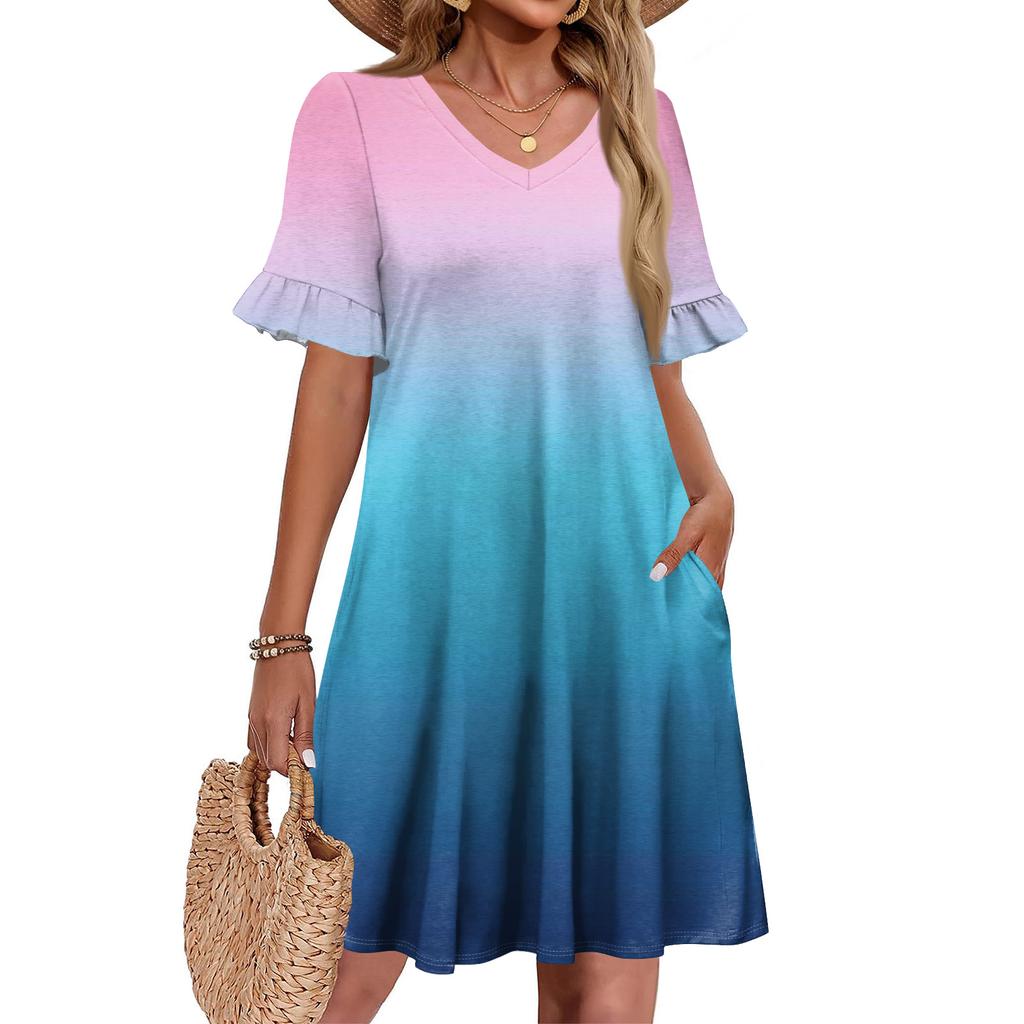 Damen A-Linie Sommerkleid Kurzarm V-Ausschnitt Bedrucktes Kleid Mit Taschen