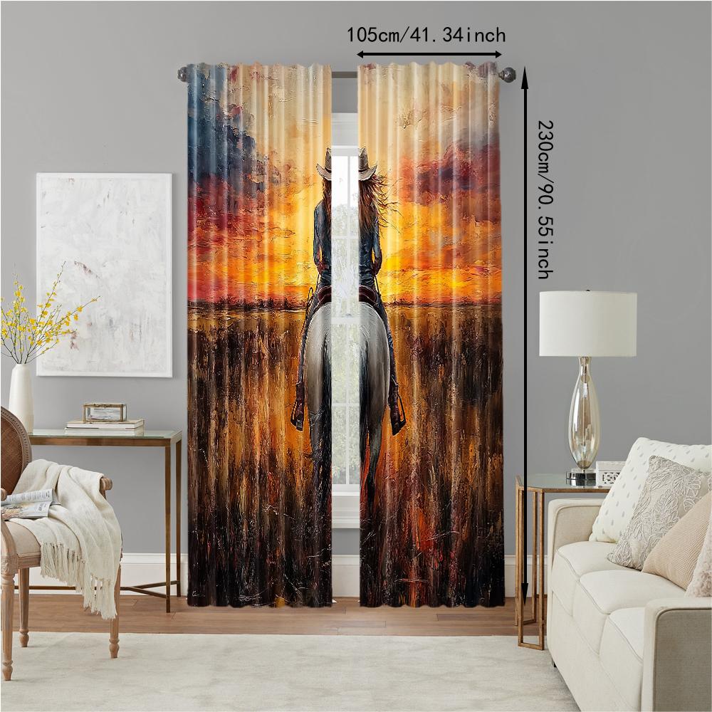 2 Pcs, Versatile Polyester Transparent Curtains for Home Decoration Western Cowgirl On Horseback for Use In Bedrooms and Living