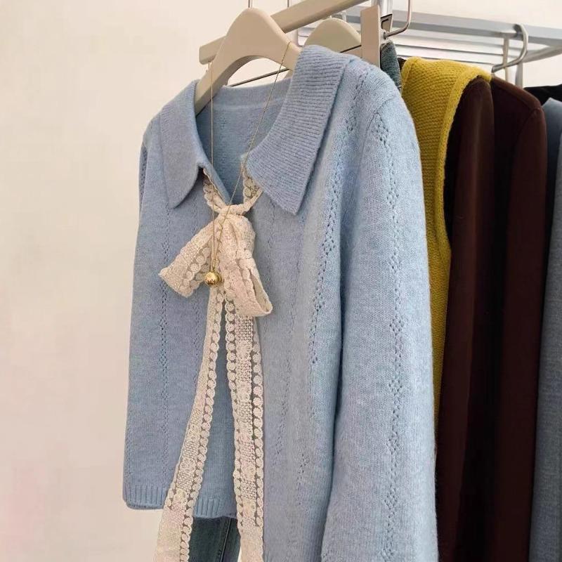 Blue Lace Lace-up Lapel Long-sleeved Knitted Sweater Cardigan Jacket Women's New Early Autumn Top