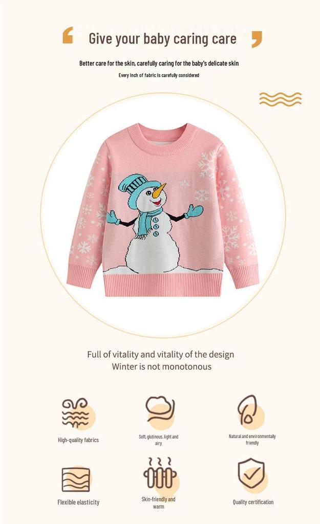 Girls' Double-Layer Snowman Jacquard Knit Pullover - Long-Sleeved Christmas Sweater for Autumn and Winter