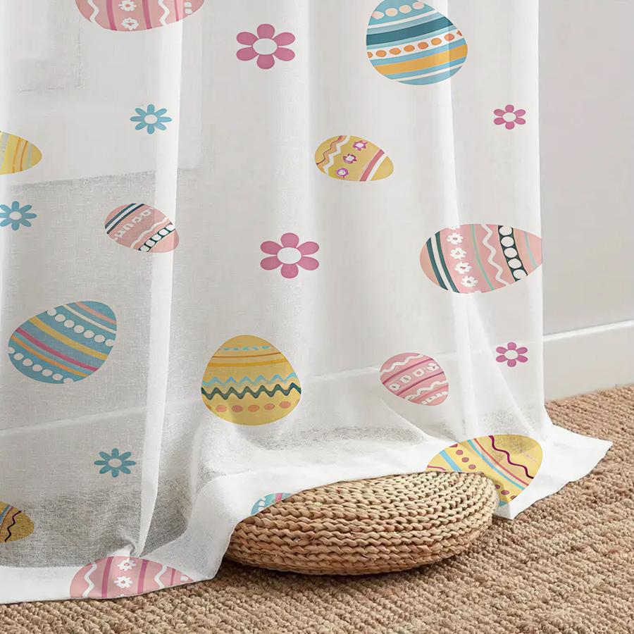 1Pc Sheer Curtain, Pastel Easter Eggs And Floral Pattern, Suitable For Bedroom And Living Room, Rod Pocket Style