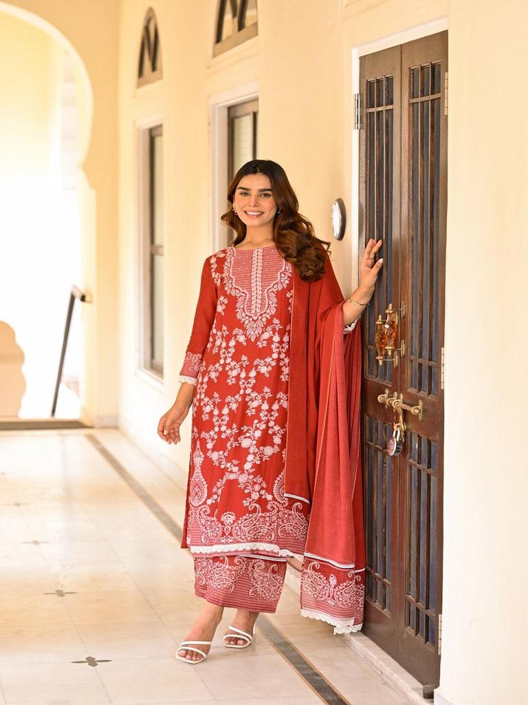 Women Red Kurta Set with Dupatta Printed Ethnic Suit Festive & Party Wear