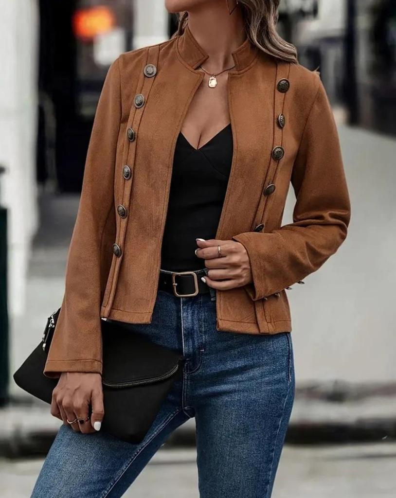 Retro Suede Double-Breasted Jacket with Decorative Buttons