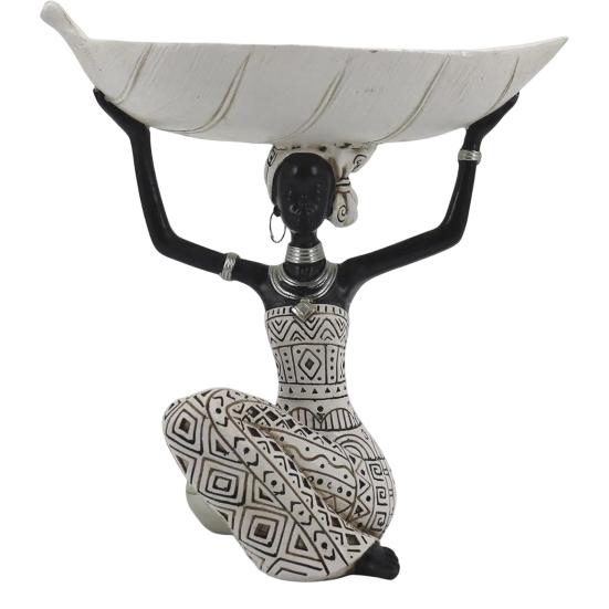 African Woman Figurine with Head Tray, Black & White Tribal Ethnic Pattern Resin Statue, Dual-Function Storage Organizer for Keys Trinkets Snacks,