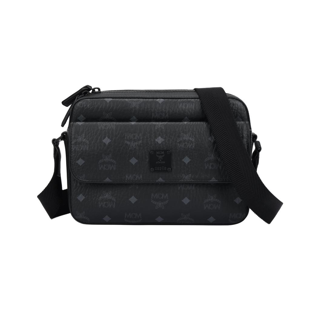 MCM Aren Klassischer Monogramm-Print Verstellbarer Schultergurt Beschichtetes Canvas Und Leder Mittlere Umhängetasche Unisex Umhängetasche Schwarz MMRDSTA01BK001