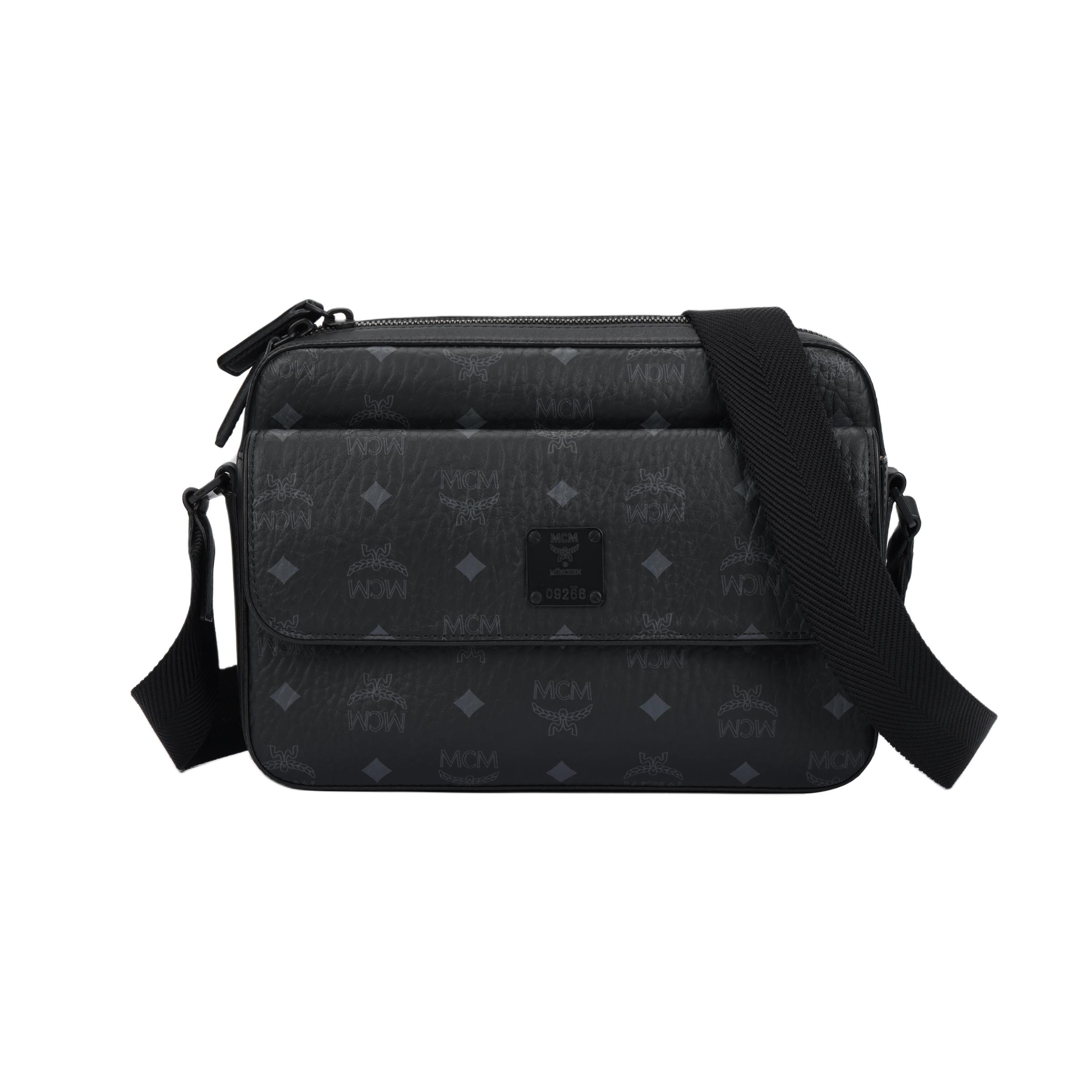MCM Aren Klassiek Monogram Print Verstelbare Schouderband Gecoat Canvas en Leer Middelgrote Crossbody Tas Uniseks Crossbody Tas Zwart MMRDSTA01BK001 Basic Set (Bag+Dust Bag)