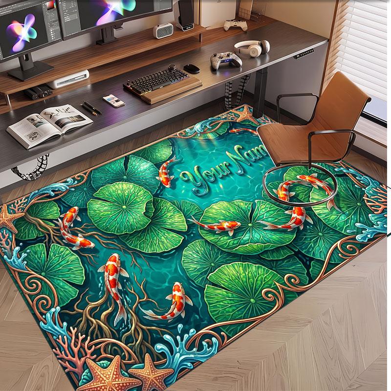 Koi Fish Theme Soft Crystal Velvet Rug Custom Name & Text Print Non Slip Floor Rug for Bedroom Living Room