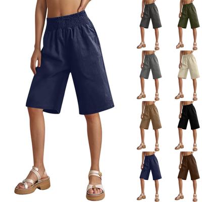 Pantaloni scurți pentru femei, lungime genunchi, talie înaltă, cu picior larg, pantaloni de in, vară, eleganti, casual