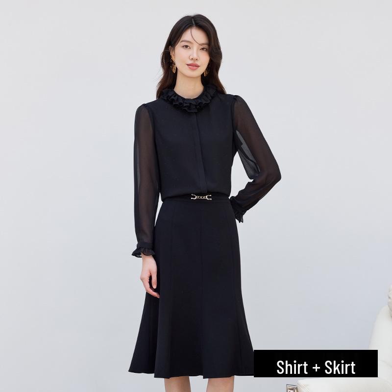 

Luxury 2025 Women s Black Long-Sleeve Shirt and Skirt Set: Slimming, Elegant, Professional Two-Piece Outfit M