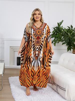 Grande taille ethnique tigre rayé imprimé femmes Robe longue décontractée col en v manches chauve-souris caftan ample confortable chic maison Robe