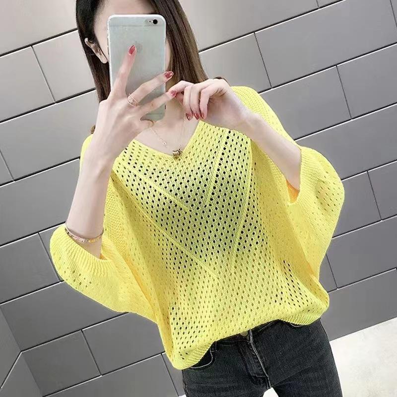 Seven-quarter-sleeved Short Top Summer Thin V-neck Bat-sleeved T-shirt Women's Blouse Loose Large Size Hollow Knitted Sweater Women's