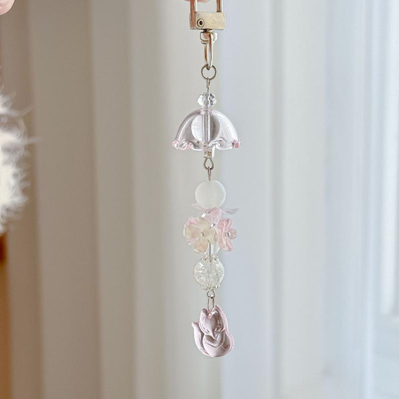Elegant Wind Chime Flower Handmade Beaded Keychain Lovely Fox Mobile Phone Chain Lanyard Bag Pendant Friend Birthday Gift