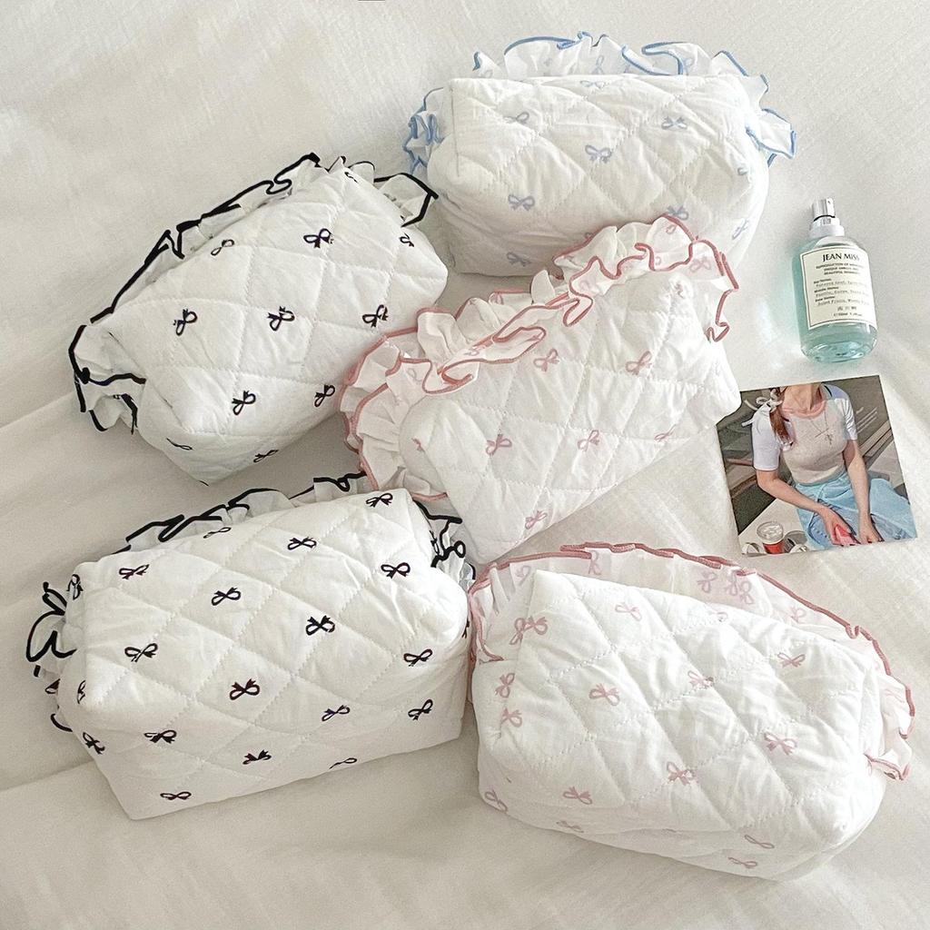 Lace Bow Makeup Bag: Sweet Fresh Lotus Leaf Design Clutch with Diamond Accents