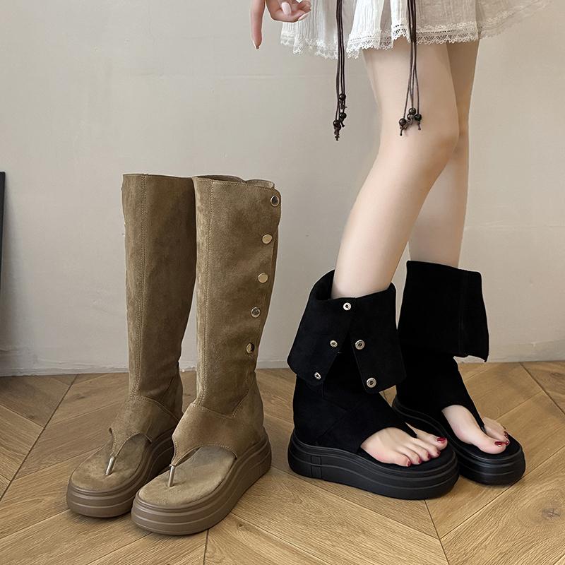 Retro Style Platform Thick Bottom Women Sandals Boots Spring Autumn Fashion Shoes Ladies Clip Toe Knee High Booties