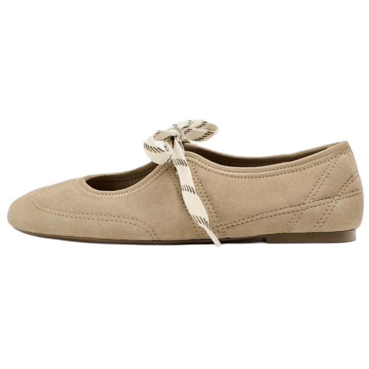 Zara Lightweight Vintage Suede Lace-Up Ballet Casual Flats Women Flats Brown 12539510107 37