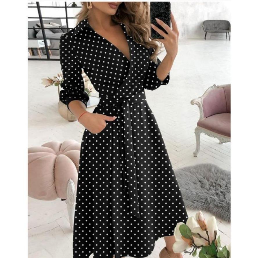 YYFS Damenmode Frühling Herbst Farbblockdruck Langarm Polokragen Hohe Taille Freizeitkleider