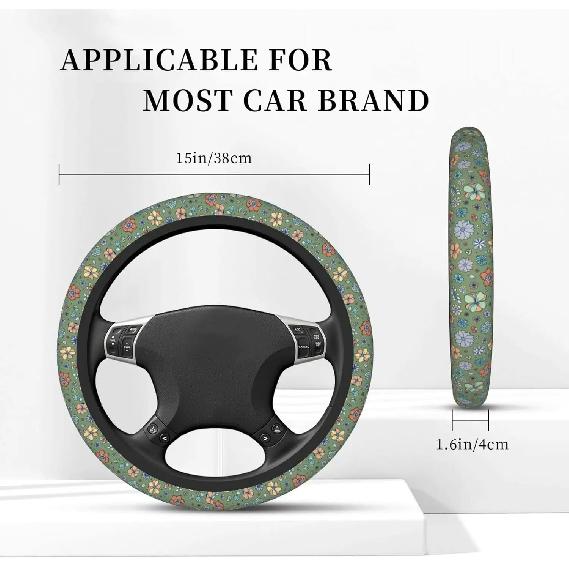 Sage Green Hippie Flower Auto Car Steering Wheel Cover Universal 15 Inch Neoprene Interior Decor Protection Accessories