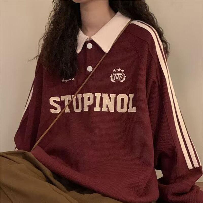 

Женский свитшот в стиле ретро с воротником поло: Трендовый корейский стиль оверсайз, идеально для студентов и пар на осень и весну 2XL (150-180 lbs) вино красного