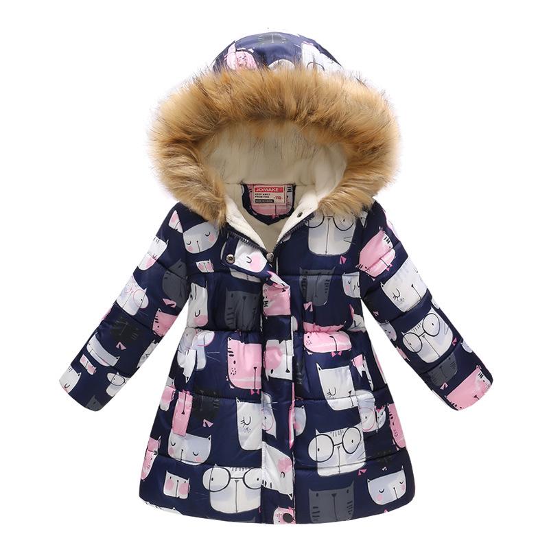 Autumn and Winter Children's Cotton Jacket Boys and Girls Fashion Printing Cartoon Big Boy Long Section Hair Collar Hooded Cotton Coat Jacket