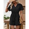 Women's V Neck Short Sleeve Faux Denim Romper Cinched Waist Jumpsuits Casual One Piece Outfits
