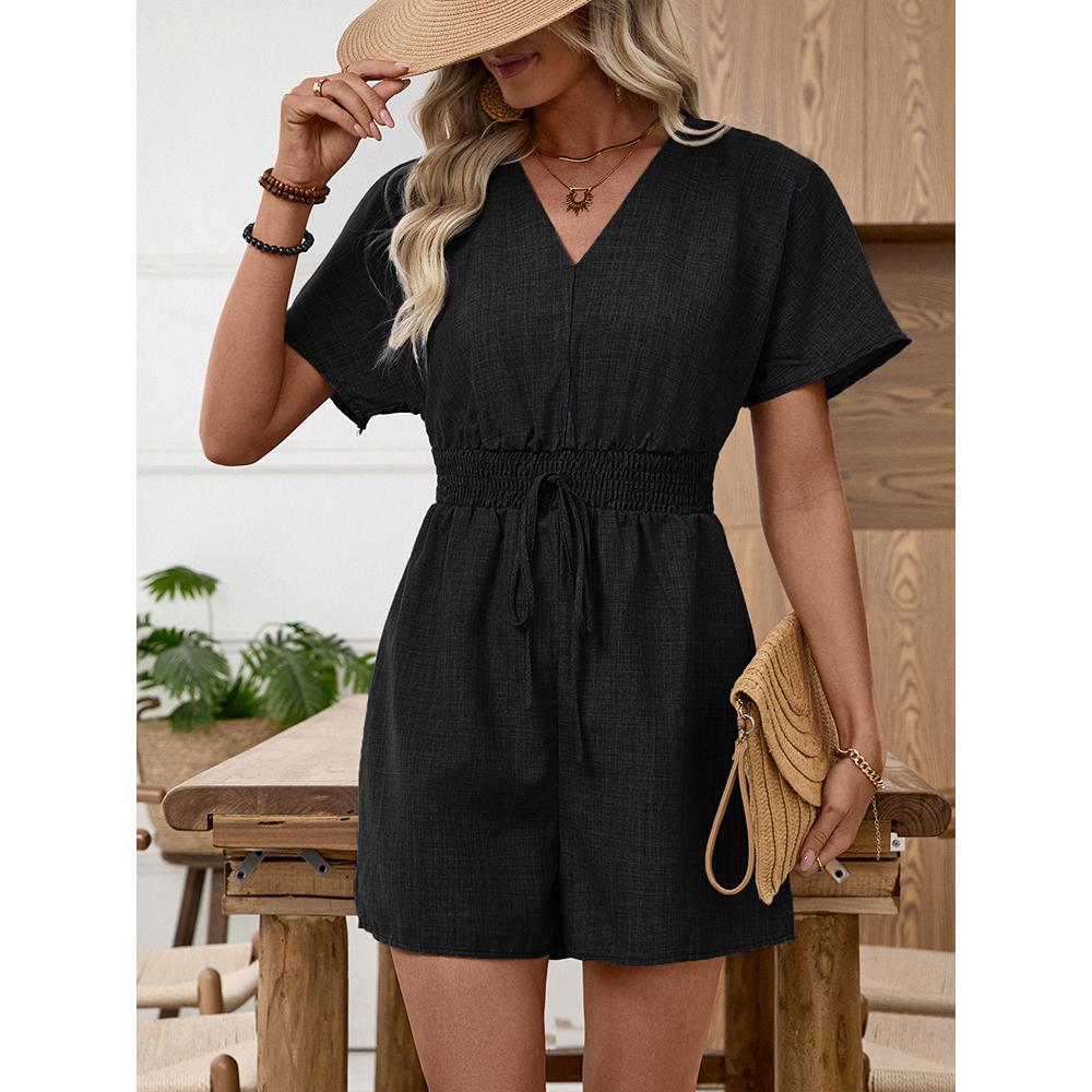 Women's V Neck Short Sleeve Faux Denim Romper Cinched Waist Jumpsuits Casual One Piece Outfits