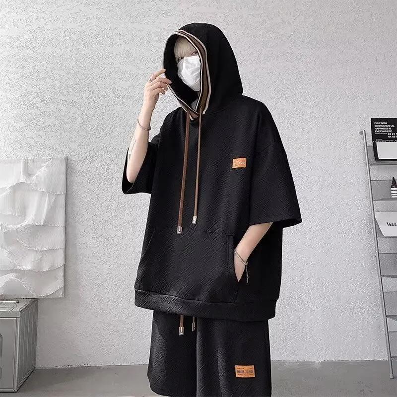 Plus Size 8XL Unisex Summer Casual Hooded Sweater Suit Short-sleeved Shorts Two-piece Three-quarter Sleeves