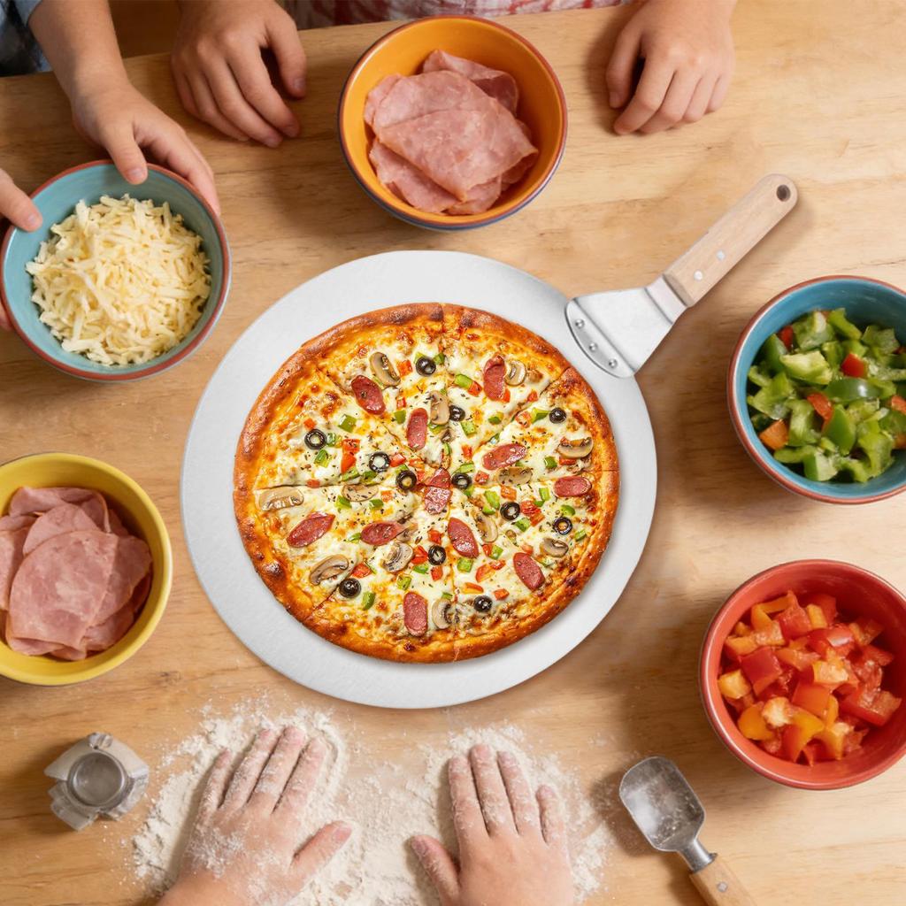 Edelstahl Pizza Schaufel Holzgriff Runde Schaufel Gleitende Pizza Schieber Mit Kuchen Pizza Sicherheitstransfer Für Backen BBQ