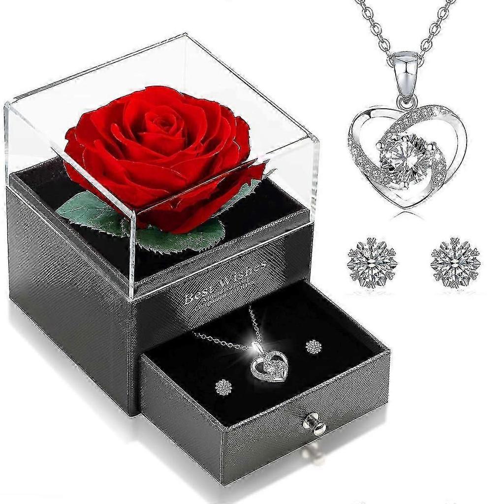 Eternal Real Rose With Heart Necklace And Earrings, Infinity Roses, Jewellery Gift Box, Rose Box, Birthday, Valentine's Day