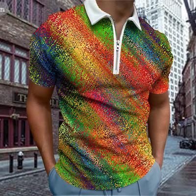 Casual Lapel T-shirt Young Men's Fashion Zipper T-shirt Short Sleeve T-shirt Men's 3D Colored Cinnabar Print T Shirt
