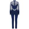 Mädchen Eiskunstlauf Jumpsuit Stehkragen Langarm Transparentes Mesh Patchwork Glänzende Strasssteine Bodysuit