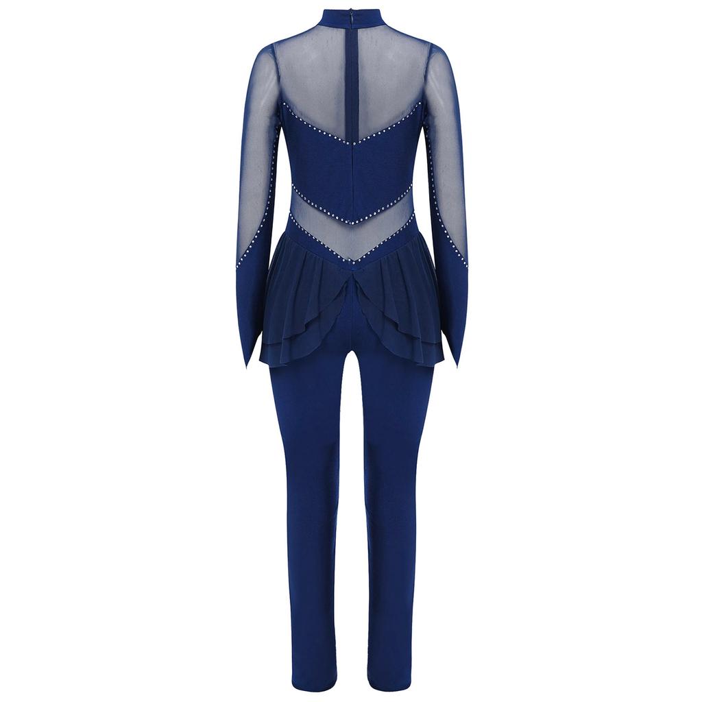 Girls Figure Skating Jumpsuit Mock Neck Long Sleeve Sheer Mesh Patchwork Shiny Rhinestones Bodysuit