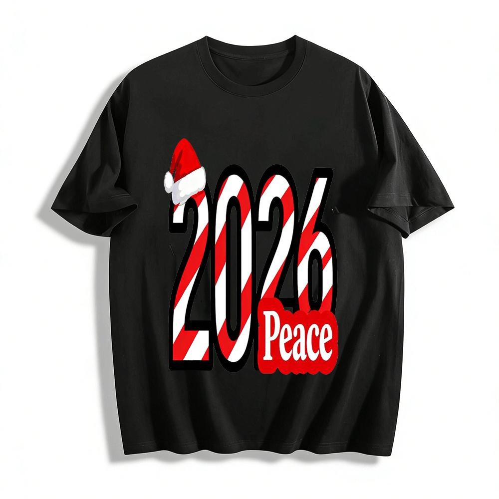 2026 Christmas Peace Themed Red White Stripe Print Casual Top Pure cotton T-shirt XXS