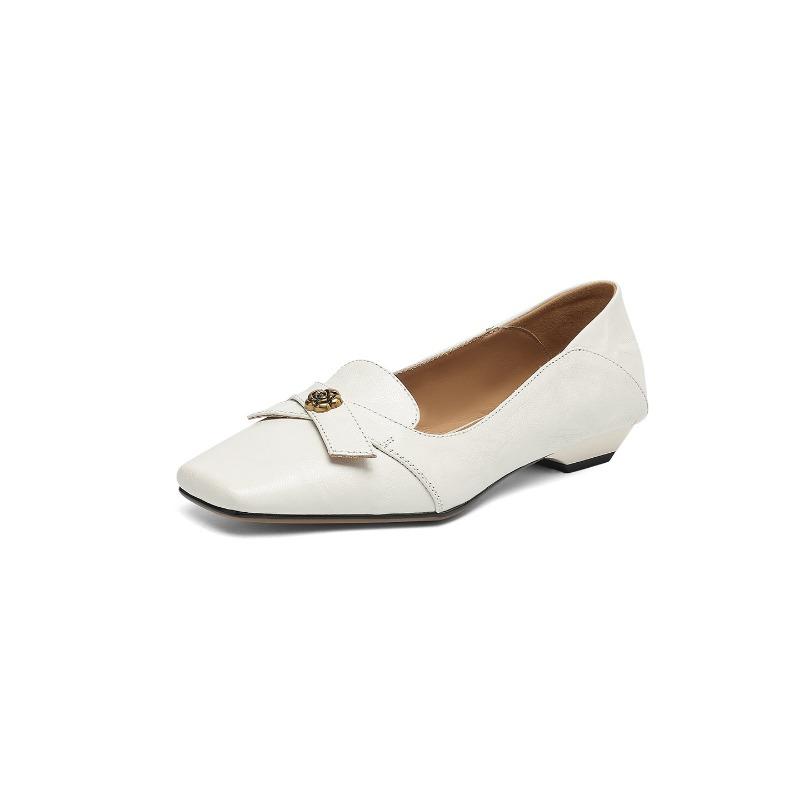 Cowhide version, genuine leather retro bow, one pedal, shallow mouth single shoes, women's camellia commuting small leather shoes