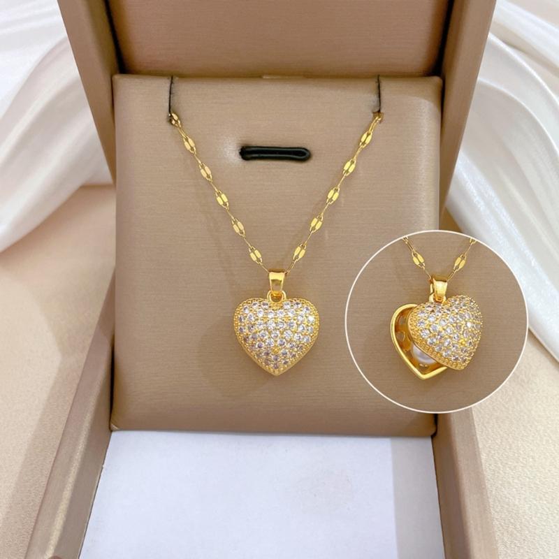 Elegant Pearls and Rhinestones Love Heart Shaped Shells Necklace Pendant with Adjustable Chain for Women Daily Use