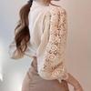 Frauen Stehkragen Spitze Patchwork Shirts Casual Aushöhlen Blume Blütenblatt Hülse Taste Tops Weiße Shirts für Frauen