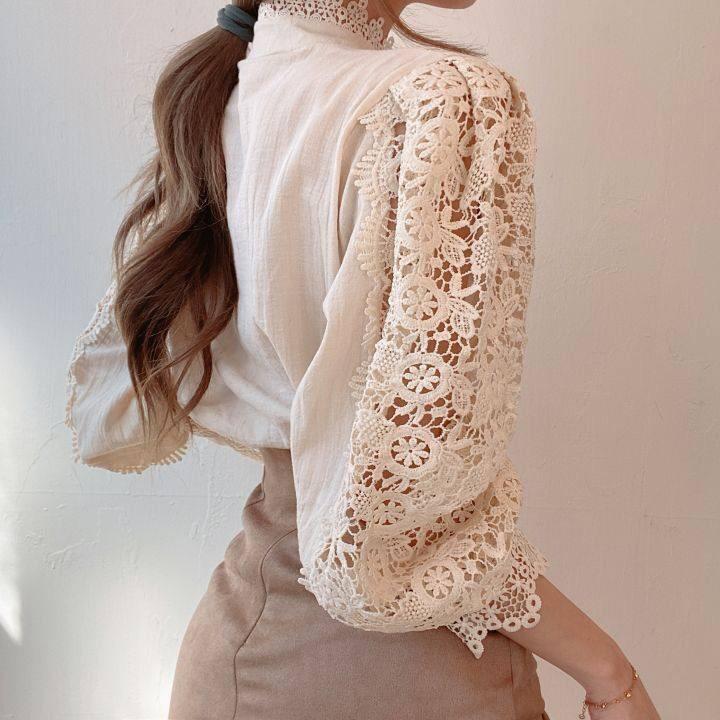 Frauen Stehkragen Spitze Patchwork Shirts Casual Aushöhlen Blume Blütenblatt Hülse Taste Tops Weiße Shirts für Frauen