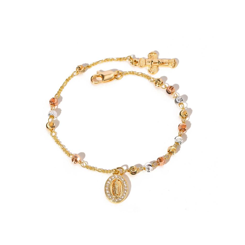Luxury Retro Virgin Mary Tri-color Bead Cross Bracelet for Women, Adjustable Chain Jesus Pendant Bracelet, Religious Jewelry