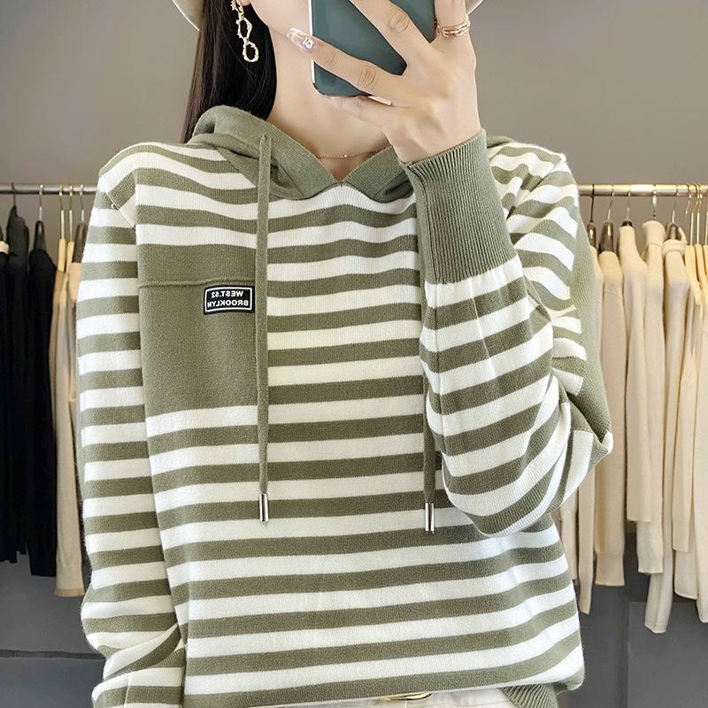 Autumn Fashion Hooded Sweater Women's Striped Colorblocking Casual Hooded Knit Top
