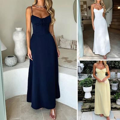 Vestido Longo de Verão Feminino Maxi Cintura Alta Amarração Frontal Linha A Fluido Sem Mangas Alça Fina Boho Praia Vestido Longo
