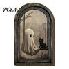 Halloween Hanging Wall Art Vintage Arch Wooden Sign, Gothic Spooky Ghost Decor with Bracket, Rustic Dark Aesthetic Home Ornament for Party Gift