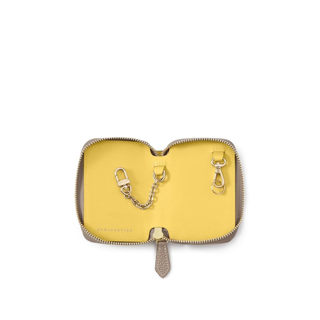 BONAVENTURA Round Zip Smart Key Case [Greige x Yellow] Key Wallet, Made of Genuine European Leather, Perfect Gift, BKCT3W-GGYE