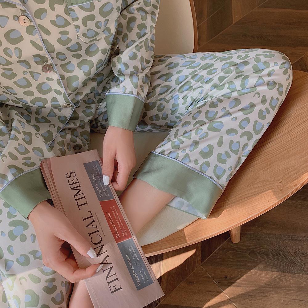 Women's Green Leopard Print Silk Pajama Set - Long Sleeve & Pants - Lightweight Satin for Autumn & Spring