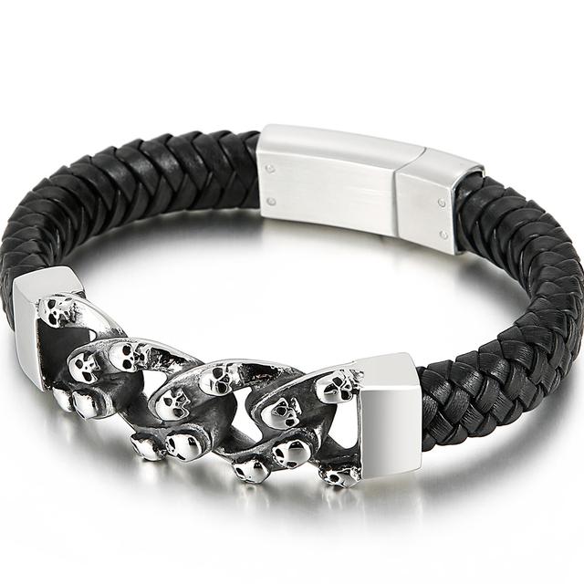 

Готический браслет с черепом и головой, браслет из кожи, браслеты со стальной магнитной застежкой, гравируемые логотипом, мужские украшения 21cm
