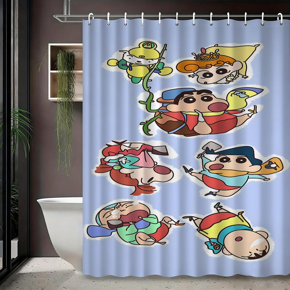Crayon Shin-Chan & Friends School Uniform & Robot Statue Scene 2D Print Waterproof Shower Curtain, Blue & Yellow Bathroom Decor