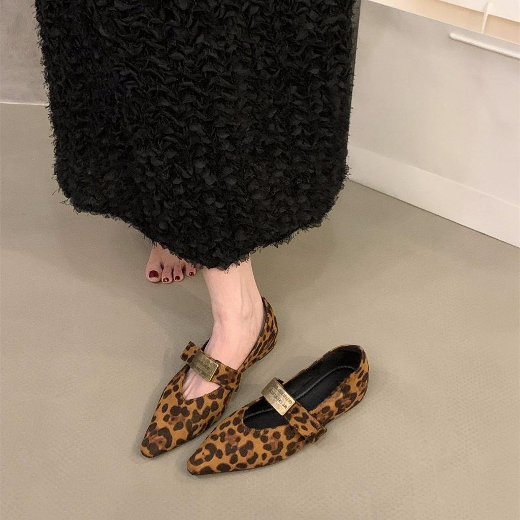 Inner height increase pointed red Mary Jane evening shoes women's shoes 2025 new spring and autumn leopard print small single shoes